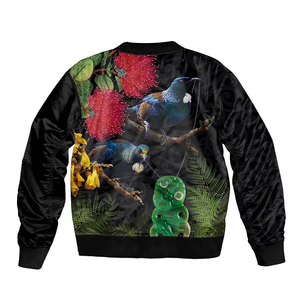 New Zealand Tui Bomber Jacket Guardians of the Hei Tiki - Maori Art and Plants LT03 - Polynesian Pride