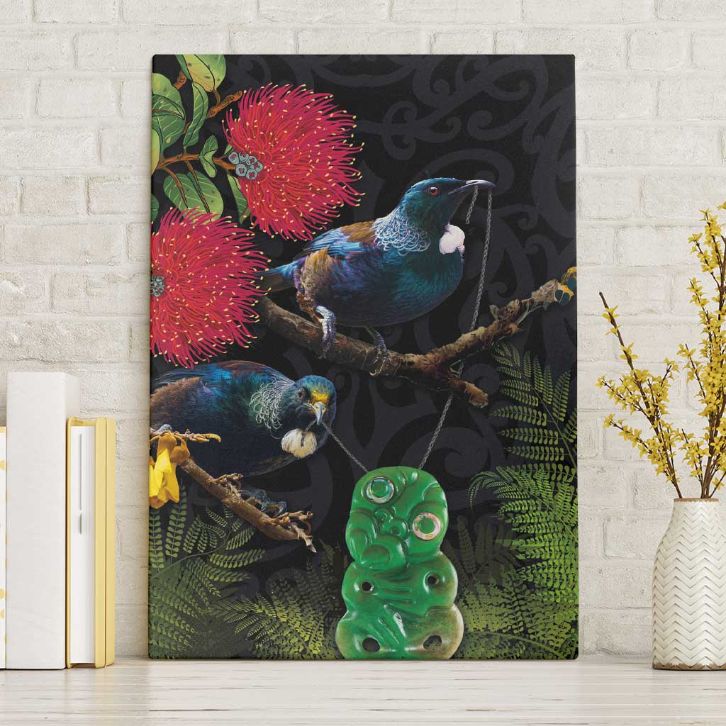 New Zealand Tui Canvas Wall Art Guardians of the Hei Tiki - Maori Art and Plants