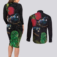 New Zealand Tui Couples Matching Long Sleeve Bodycon Dress and Long Sleeve Button Shirt Guardians of the Hei Tiki - Maori Art and Plants LT03 - Polynesian Pride