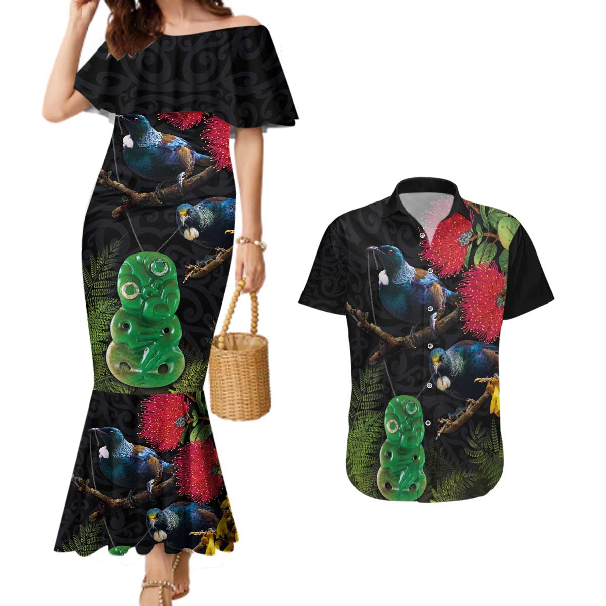 New Zealand Tui Couples Matching Mermaid Dress and Hawaiian Shirt Guardians of the Hei Tiki - Maori Art and Plants LT03 Black - Polynesian Pride