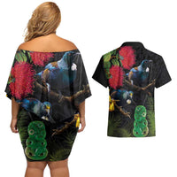 New Zealand Tui Couples Matching Off Shoulder Short Dress and Hawaiian Shirt Guardians of the Hei Tiki - Maori Art and Plants LT03 - Polynesian Pride