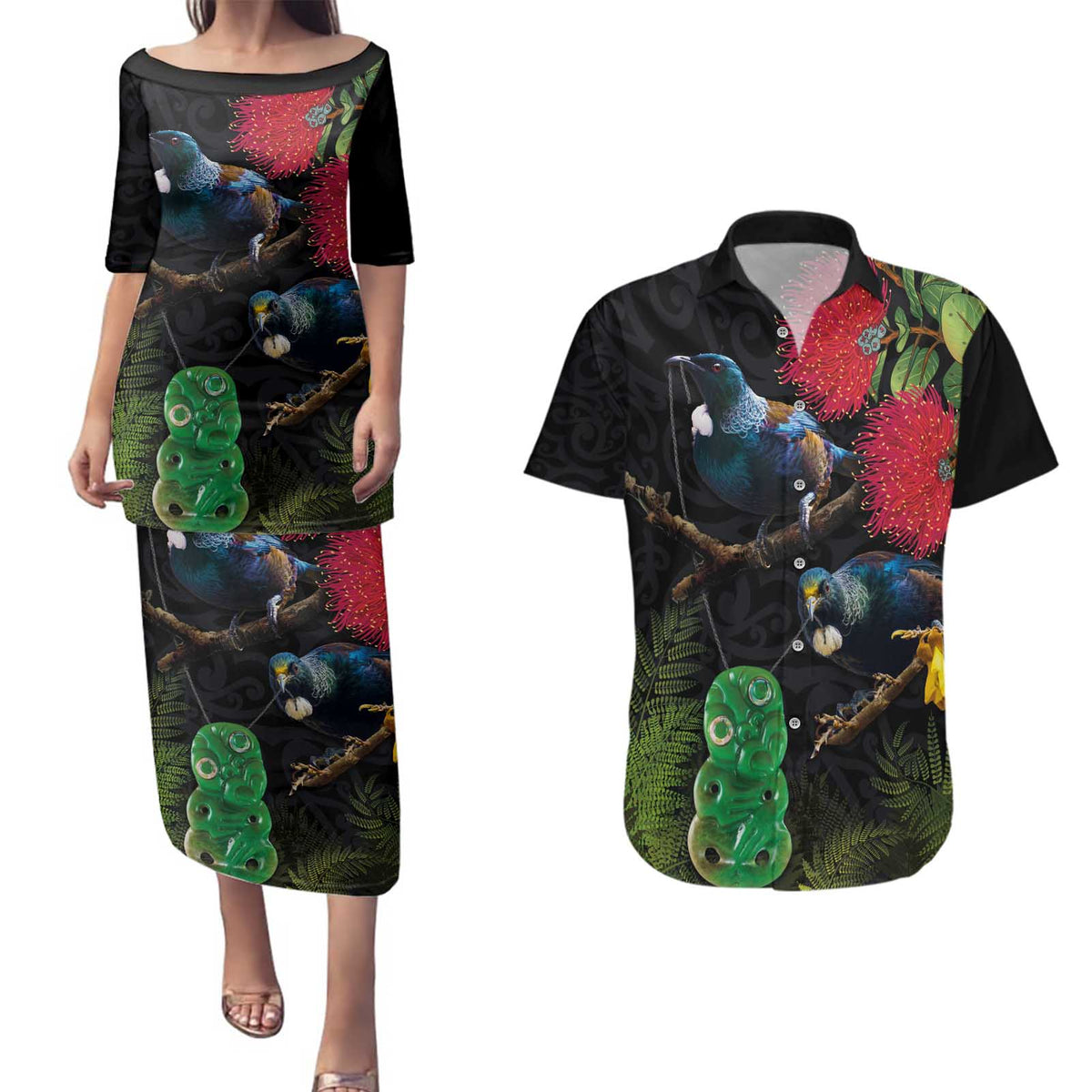 New Zealand Tui Couples Matching Puletasi and Hawaiian Shirt Guardians of the Hei Tiki - Maori Art and Plants LT03 Black - Polynesian Pride
