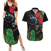 New Zealand Tui Couples Matching Summer Maxi Dress and Hawaiian Shirt Guardians of the Hei Tiki - Maori Art and Plants LT03 Black - Polynesian Pride