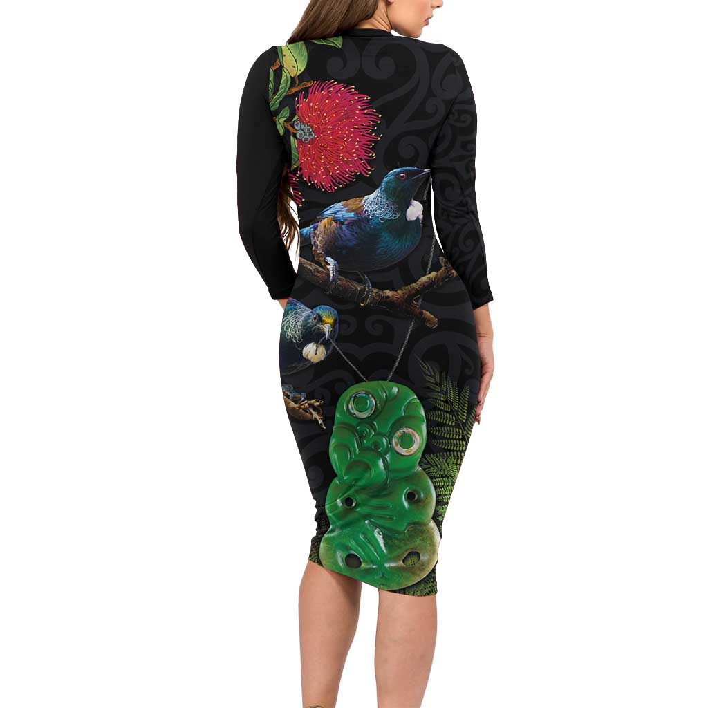 New Zealand Tui Family Matching Long Sleeve Bodycon Dress and Hawaiian Shirt Guardians of the Hei Tiki - Maori Art and Plants LT03 - Polynesian Pride