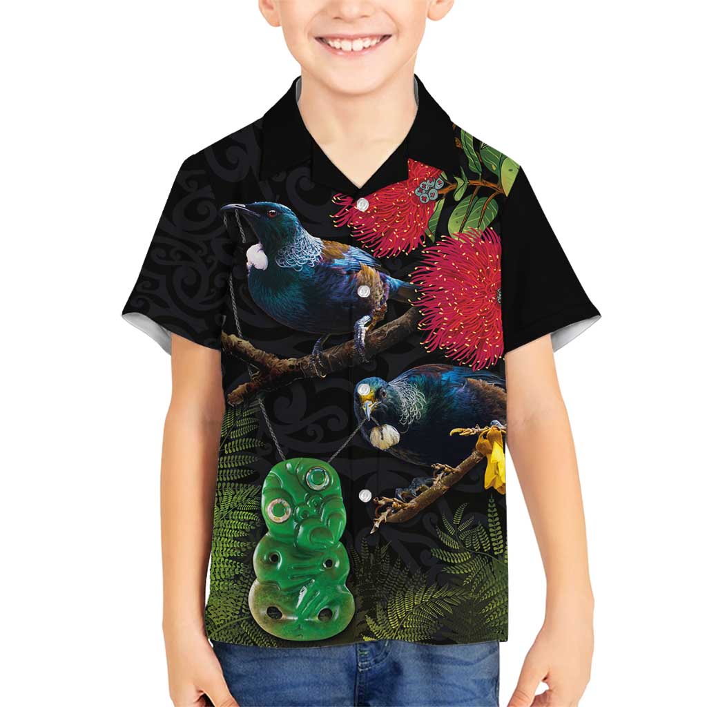 New Zealand Tui Family Matching Long Sleeve Bodycon Dress and Hawaiian Shirt Guardians of the Hei Tiki - Maori Art and Plants LT03 Son's Shirt Black - Polynesian Pride