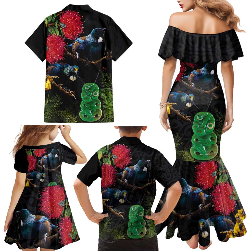New Zealand Tui Family Matching Mermaid Dress and Hawaiian Shirt Guardians of the Hei Tiki - Maori Art and Plants LT03 - Polynesian Pride