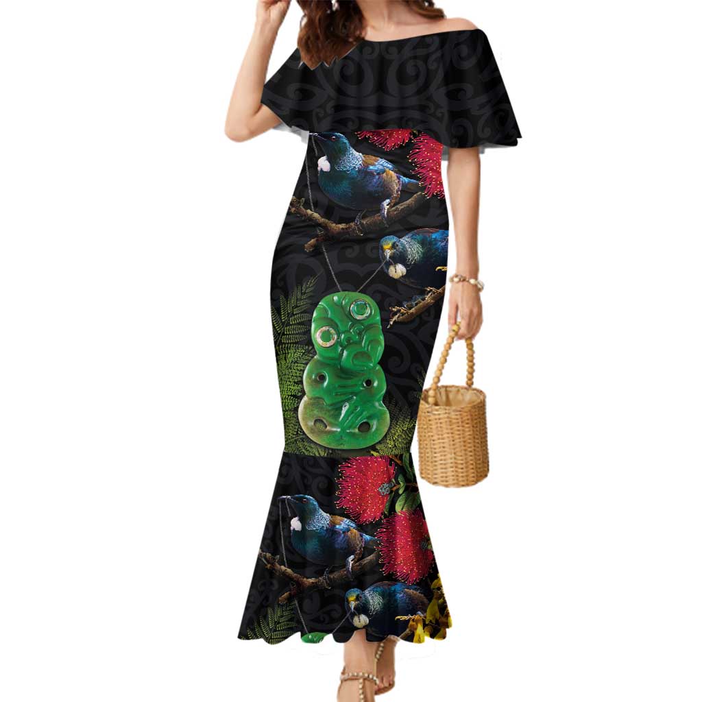 New Zealand Tui Family Matching Mermaid Dress and Hawaiian Shirt Guardians of the Hei Tiki - Maori Art and Plants LT03 Mom's Dress Black - Polynesian Pride