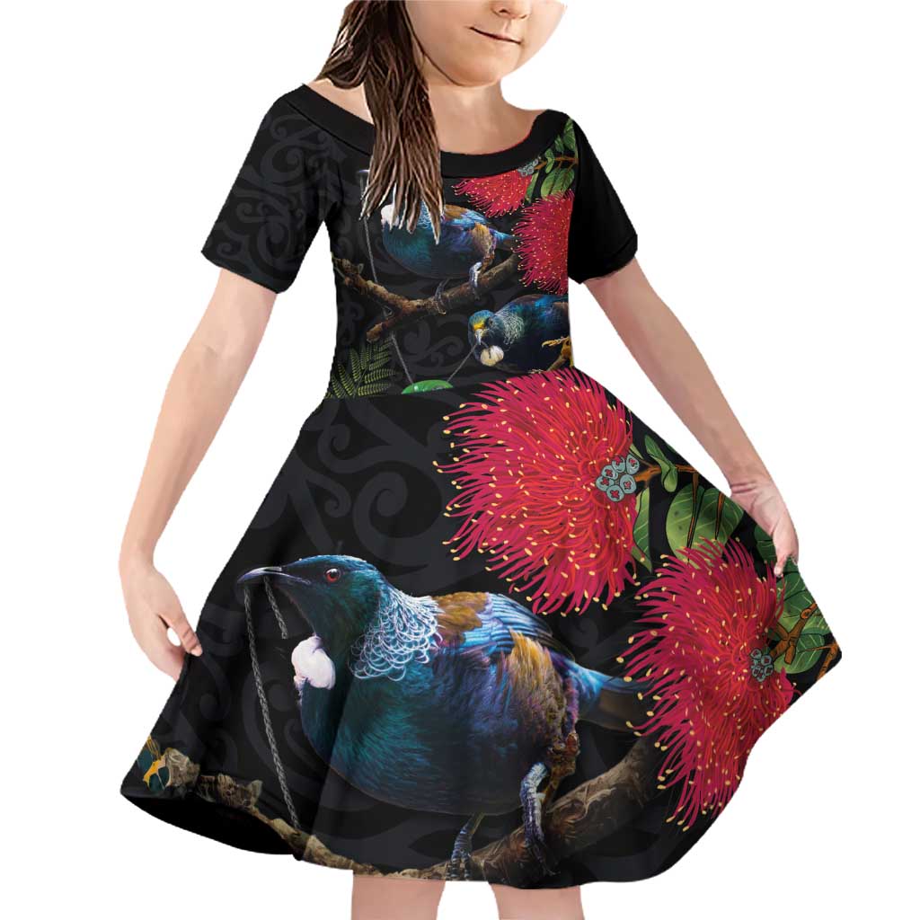New Zealand Tui Family Matching Off Shoulder Short Dress and Hawaiian Shirt Guardians of the Hei Tiki - Maori Art and Plants