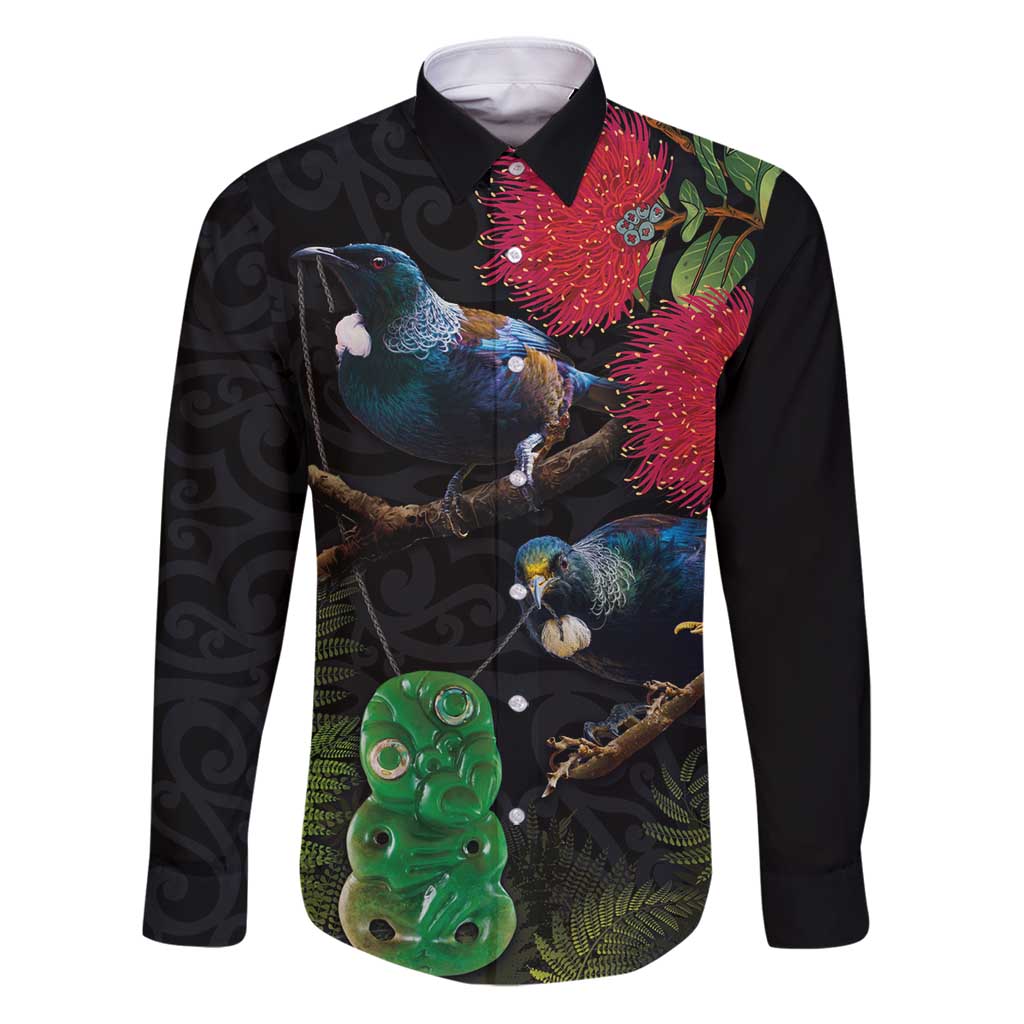 New Zealand Tui Family Matching Puletasi and Hawaiian Shirt Guardians of the Hei Tiki - Maori Art and Plants LT03 Dad's Shirt - Long Sleeve Black - Polynesian Pride