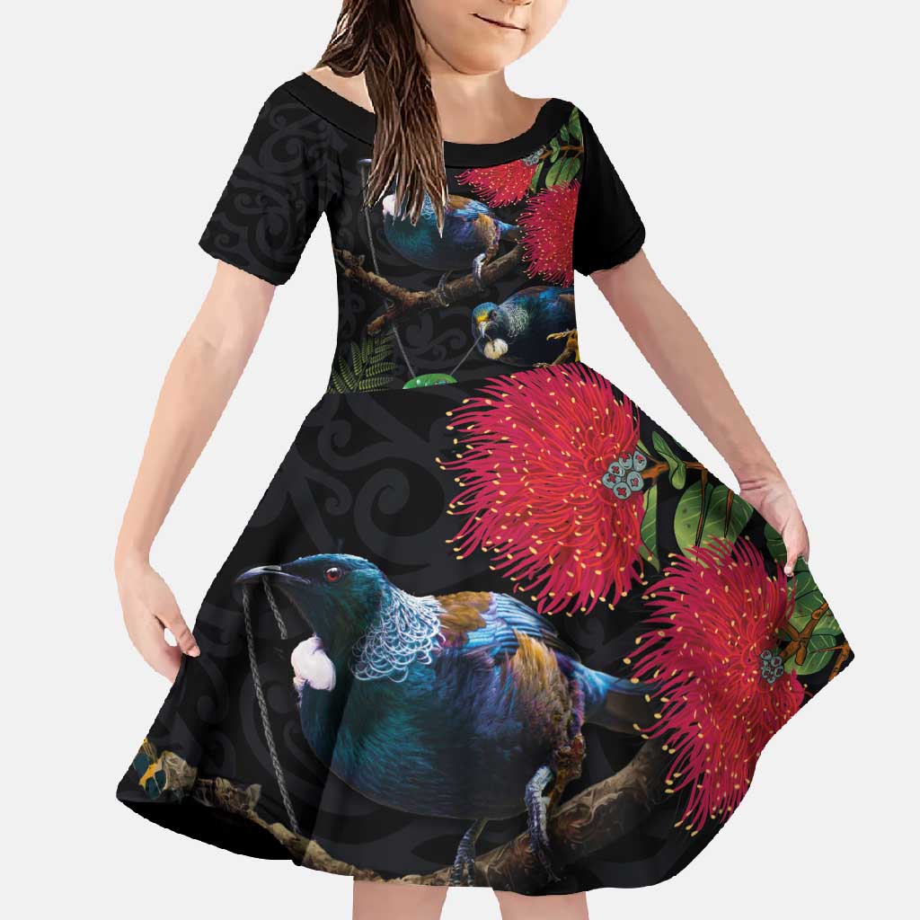 New Zealand Tui Family Matching Short Sleeve Bodycon Dress and Hawaiian Shirt Guardians of the Hei Tiki - Maori Art and Plants LT03 Daughter's Dress Black - Polynesian Pride