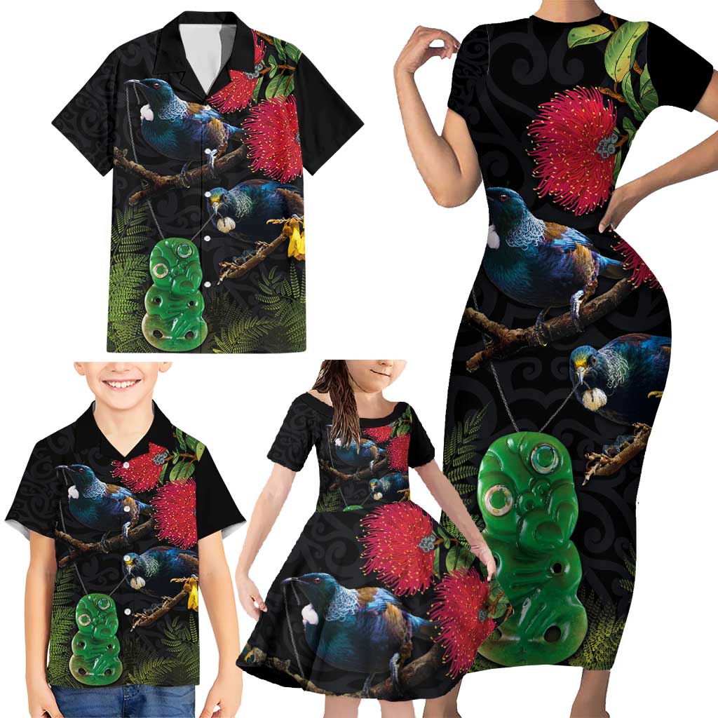 New Zealand Tui Family Matching Short Sleeve Bodycon Dress and Hawaiian Shirt Guardians of the Hei Tiki - Maori Art and Plants LT03 - Polynesian Pride