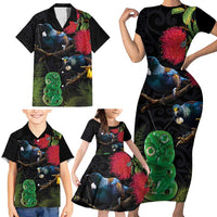 New Zealand Tui Family Matching Short Sleeve Bodycon Dress and Hawaiian Shirt Guardians of the Hei Tiki - Maori Art and Plants LT03 - Polynesian Pride