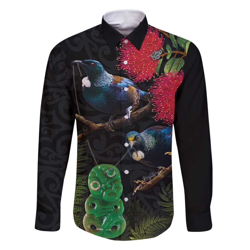 New Zealand Tui Family Matching Short Sleeve Bodycon Dress and Hawaiian Shirt Guardians of the Hei Tiki - Maori Art and Plants LT03 Dad's Shirt - Long Sleeve Black - Polynesian Pride