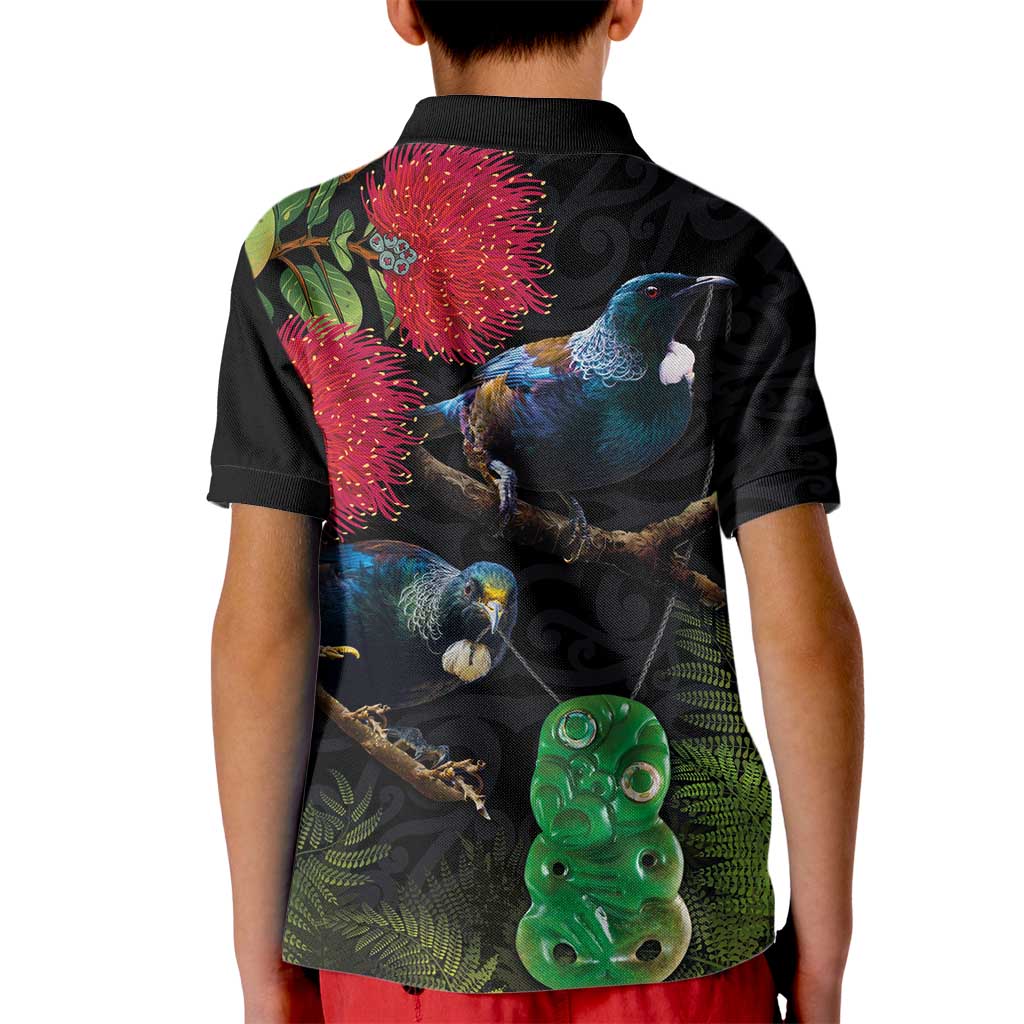 New Zealand Tui Kid Polo Shirt Guardians of the Hei Tiki - Maori Art and Plants