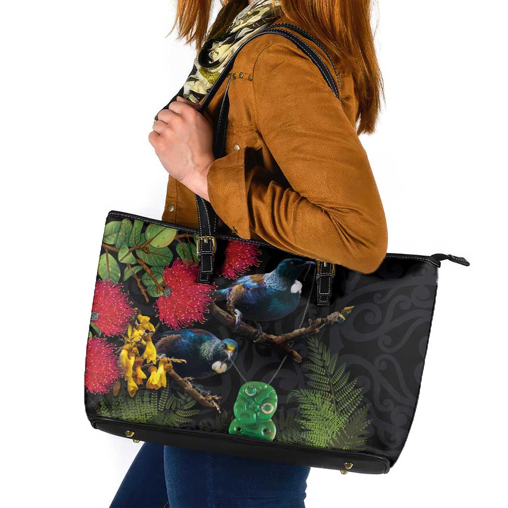 New Zealand Tui Leather Tote Bag Guardians of the Hei Tiki - Maori Art and Plants