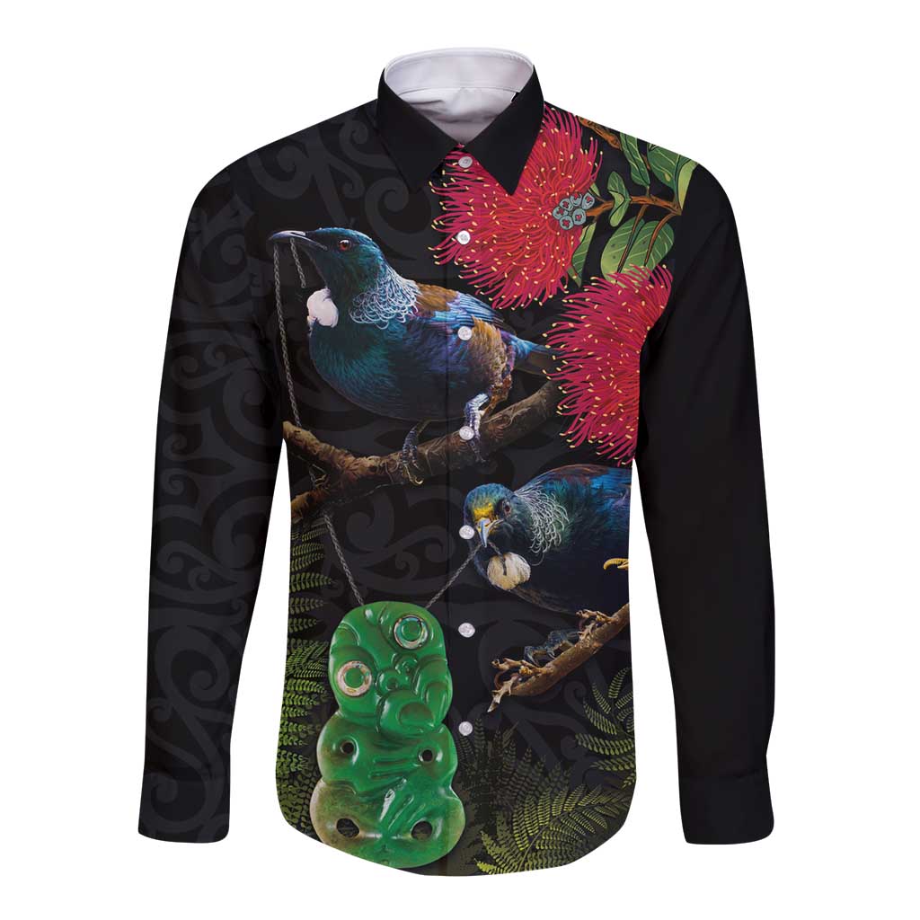 New Zealand Tui Long Sleeve Button Shirt Guardians of the Hei Tiki - Maori Art and Plants