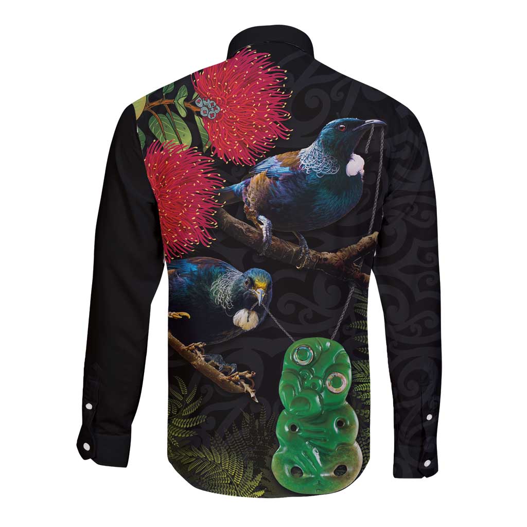 New Zealand Tui Long Sleeve Button Shirt Guardians of the Hei Tiki - Maori Art and Plants