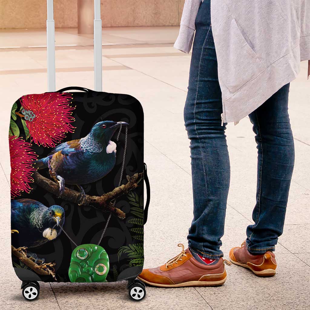 New Zealand Tui Luggage Cover Guardians of the Hei Tiki - Maori Art and Plants