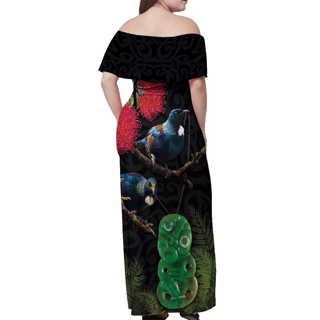 New Zealand Tui Off Shoulder Maxi Dress Guardians of the Hei Tiki - Maori Art and Plants
