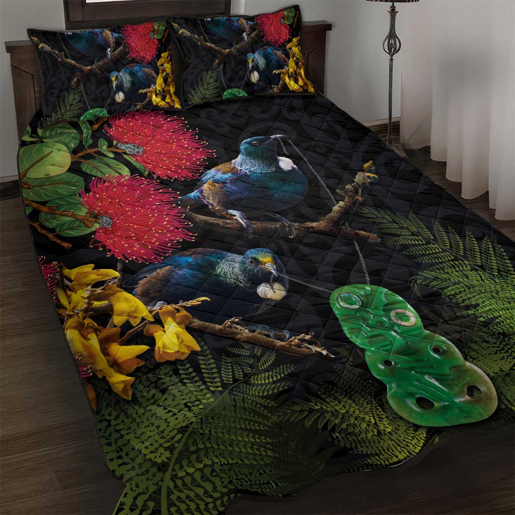 New Zealand Tui Quilt Bed Set Guardians of the Hei Tiki - Maori Art and Plants