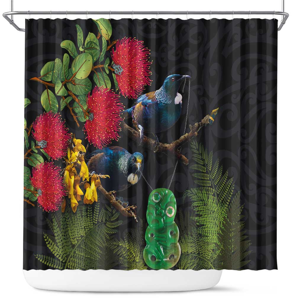 New Zealand Tui Shower Curtain Guardians of the Hei Tiki - Maori Art and Plants