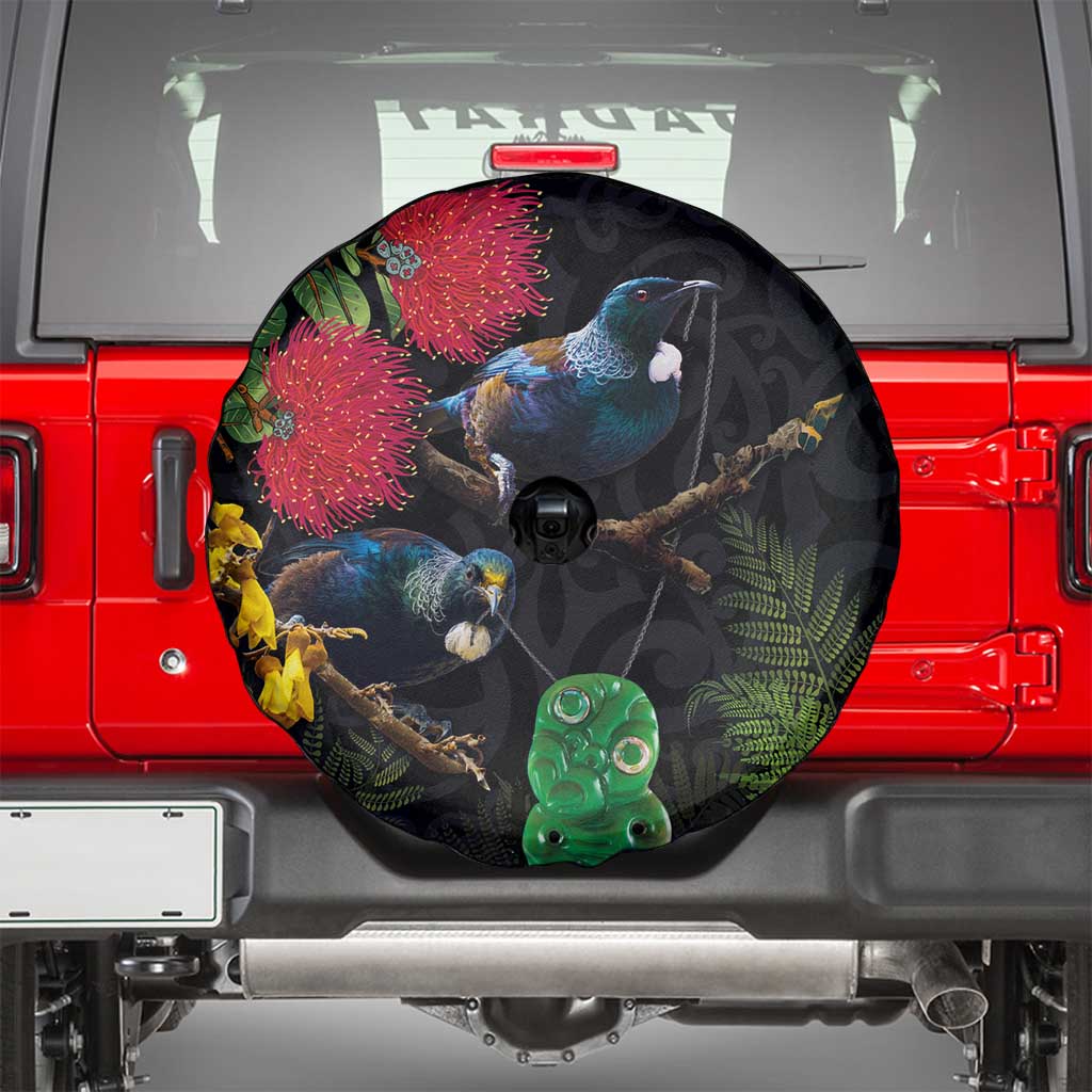 New Zealand Tui Spare Tire Cover Guardians of the Hei Tiki - Maori Art and Plants