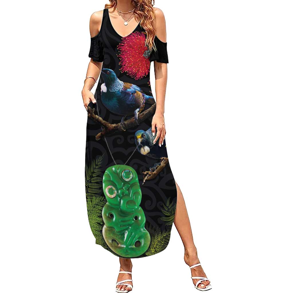 New Zealand Tui Summer Maxi Dress Guardians of the Hei Tiki - Maori Art and Plants