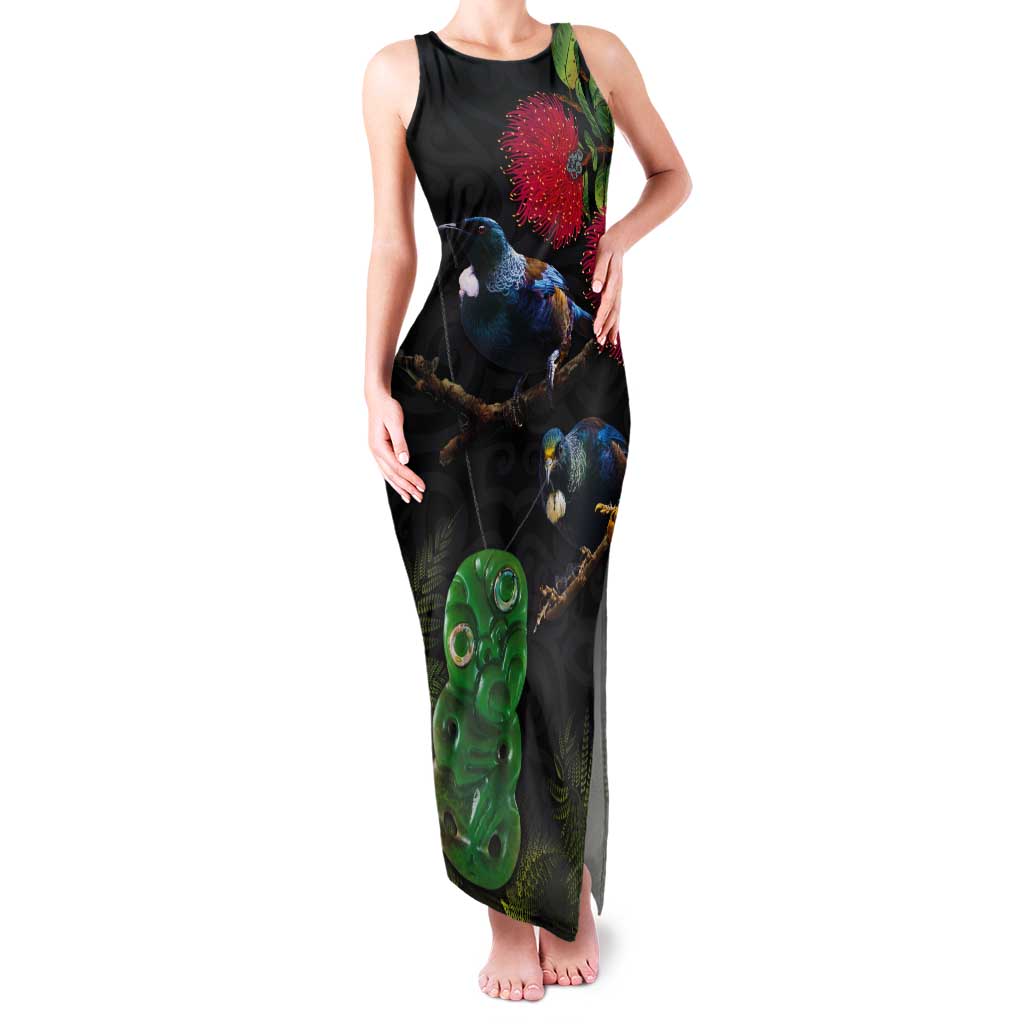 New Zealand Tui Tank Maxi Dress Guardians of the Hei Tiki - Maori Art and Plants