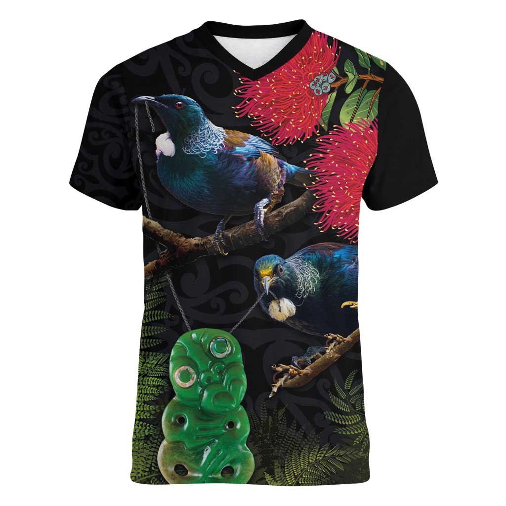 New Zealand Tui Women V-Neck T-Shirt Guardians of the Hei Tiki - Maori Art and Plants LT03 Female Black - Polynesian Pride