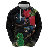 New Zealand Tui Zip Hoodie Guardians of the Hei Tiki - Maori Art and Plants LT03 - Polynesian Pride