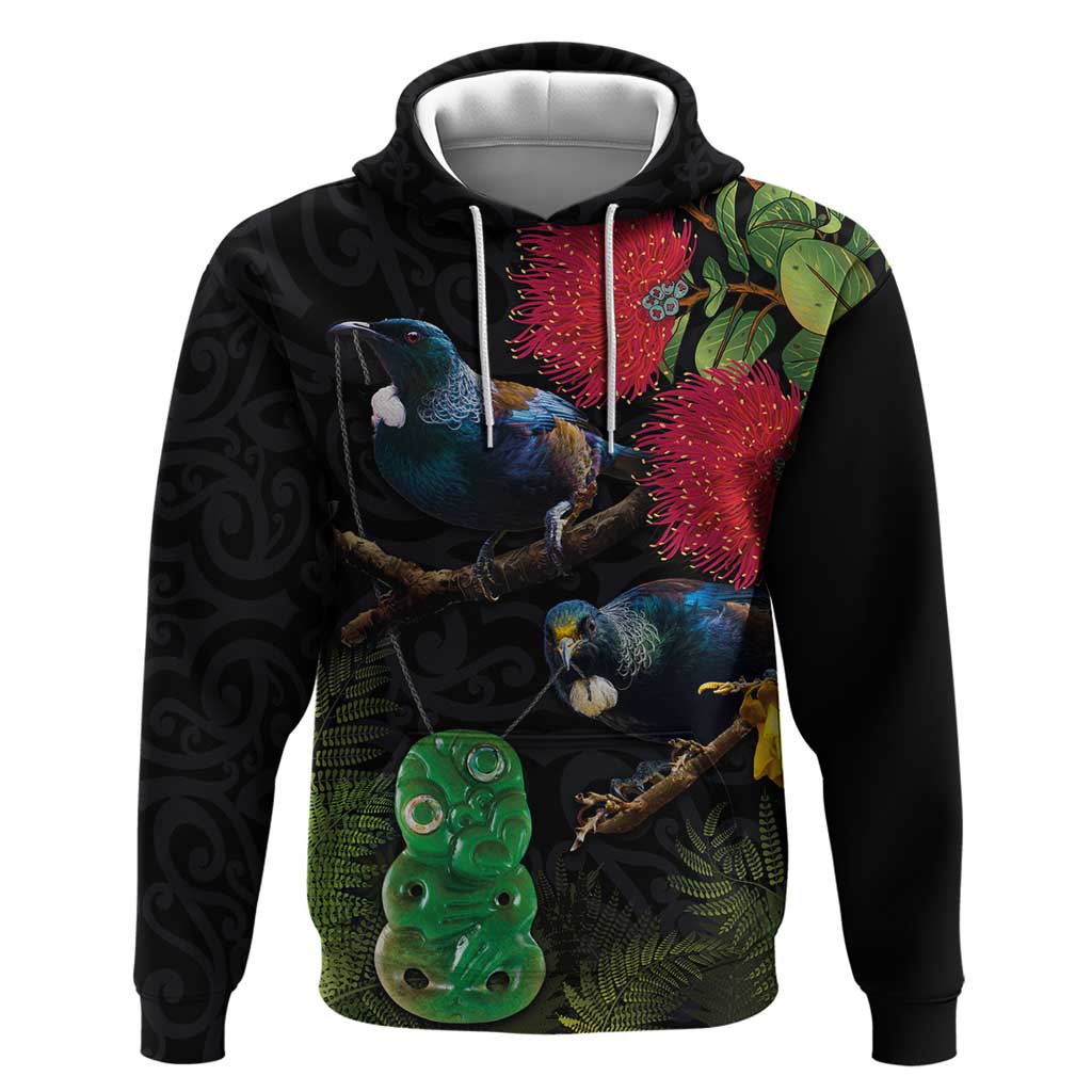 New Zealand Tui Zip Hoodie Guardians of the Hei Tiki - Maori Art and Plants LT03 Pullover Hoodie Black - Polynesian Pride