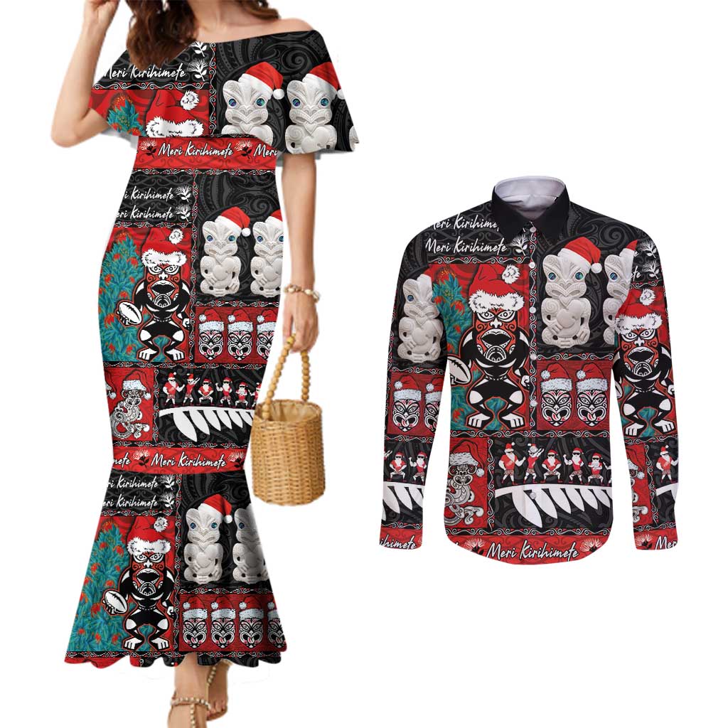 New Zealand Christmas Couples Matching Mermaid Dress and Long Sleeve Button Shirt Maori Christmas Spirit - Meri Kirihimete LT03 Black - Polynesian Pride
