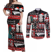 New Zealand Christmas Couples Matching Off Shoulder Maxi Dress and Long Sleeve Button Shirt Maori Christmas Spirit - Meri Kirihimete LT03 Black - Polynesian Pride