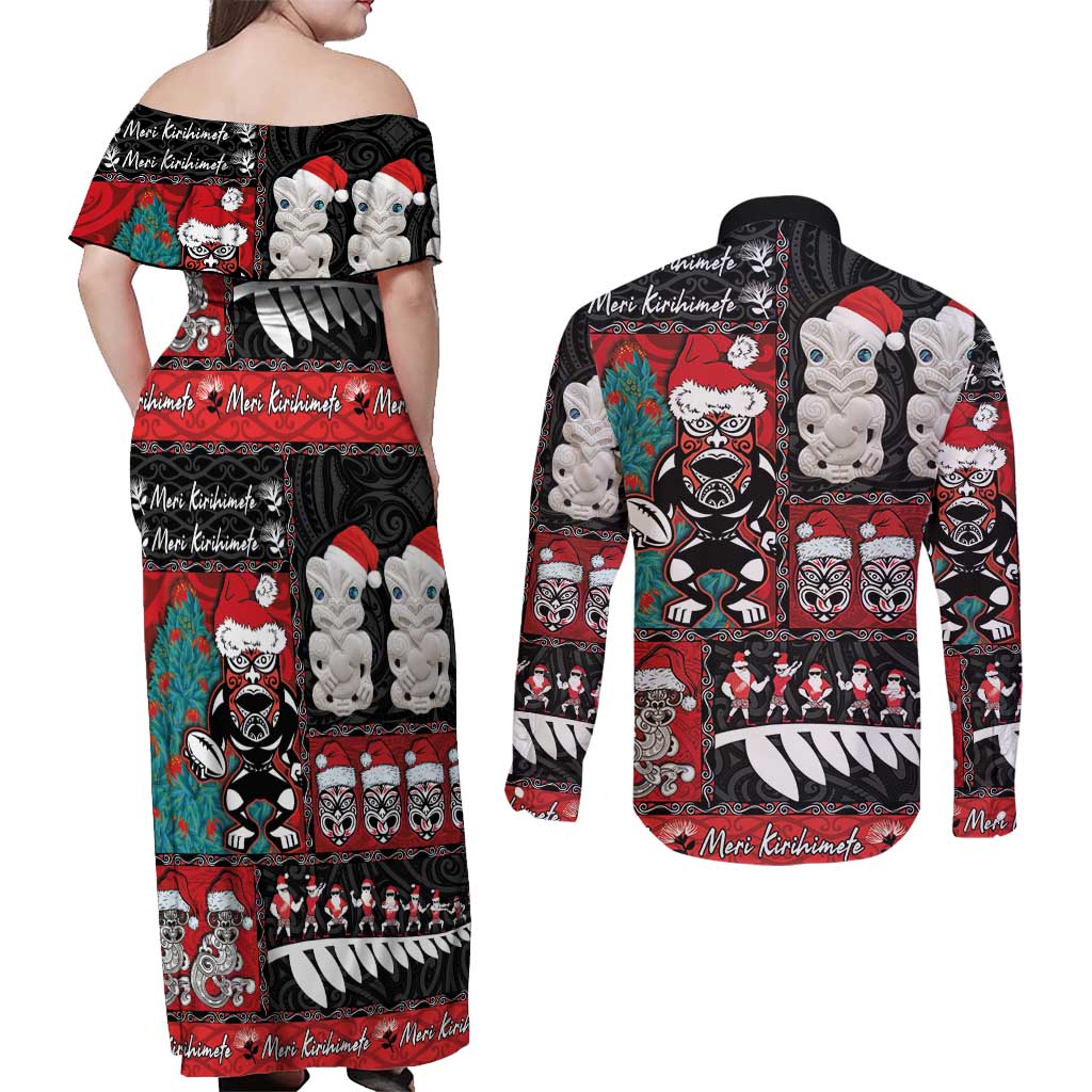 New Zealand Christmas Couples Matching Off Shoulder Maxi Dress and Long Sleeve Button Shirt Maori Christmas Spirit - Meri Kirihimete LT03 - Polynesian Pride