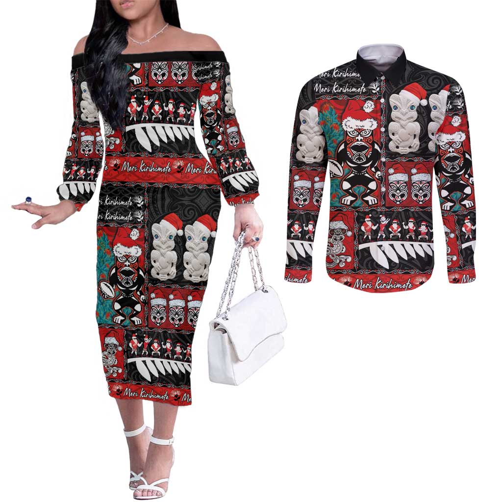New Zealand Christmas Couples Matching Off The Shoulder Long Sleeve Dress and Long Sleeve Button Shirt Maori Christmas Spirit - Meri Kirihimete LT03 Black - Polynesian Pride