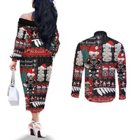 New Zealand Christmas Couples Matching Off The Shoulder Long Sleeve Dress and Long Sleeve Button Shirt Maori Christmas Spirit - Meri Kirihimete LT03 - Polynesian Pride