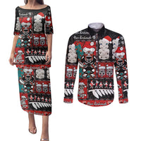 New Zealand Christmas Couples Matching Puletasi and Long Sleeve Button Shirt Maori Christmas Spirit - Meri Kirihimete LT03 Black - Polynesian Pride
