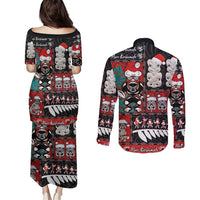 New Zealand Christmas Couples Matching Puletasi and Long Sleeve Button Shirt Maori Christmas Spirit - Meri Kirihimete LT03 - Polynesian Pride