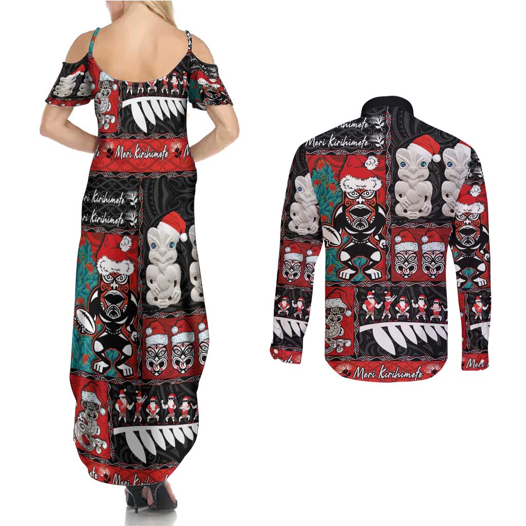New Zealand Christmas Couples Matching Summer Maxi Dress and Long Sleeve Button Shirt Maori Christmas Spirit - Meri Kirihimete LT03 - Polynesian Pride