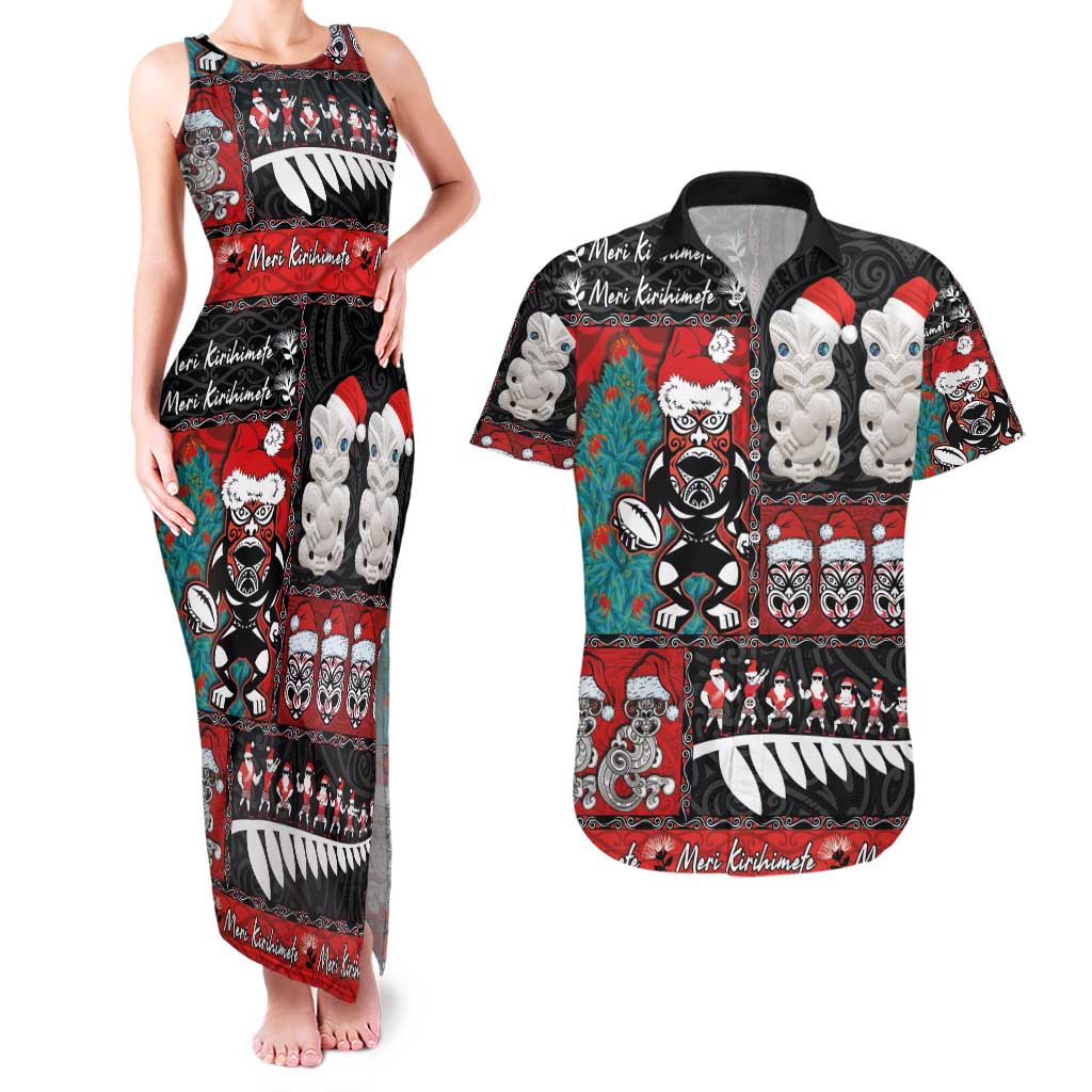 New Zealand Christmas Couples Matching Tank Maxi Dress and Hawaiian Shirt Maori Christmas Spirit - Meri Kirihimete LT03 Black - Polynesian Pride