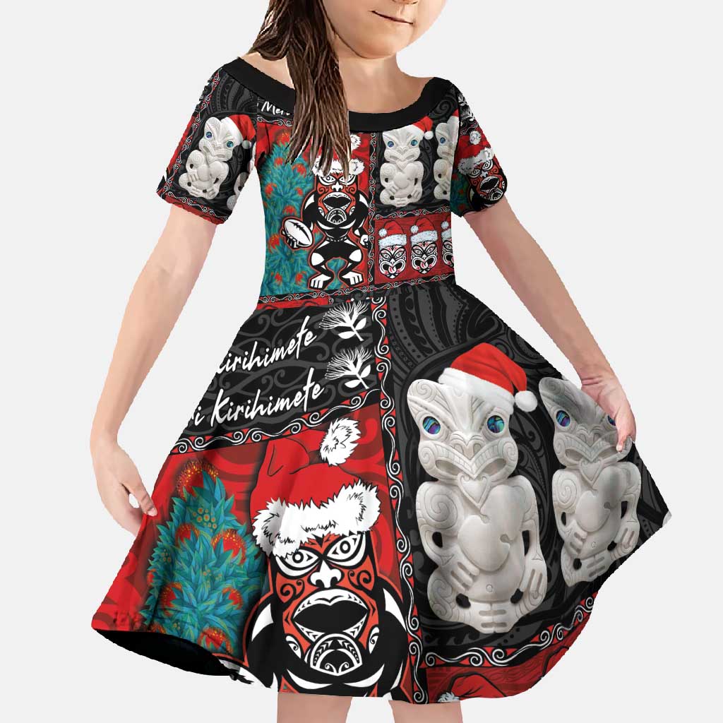 New Zealand Christmas Family Matching Long Sleeve Bodycon Dress and Hawaiian Shirt Maori Christmas Spirit - Meri Kirihimete LT03 Daughter's Dress Black - Polynesian Pride