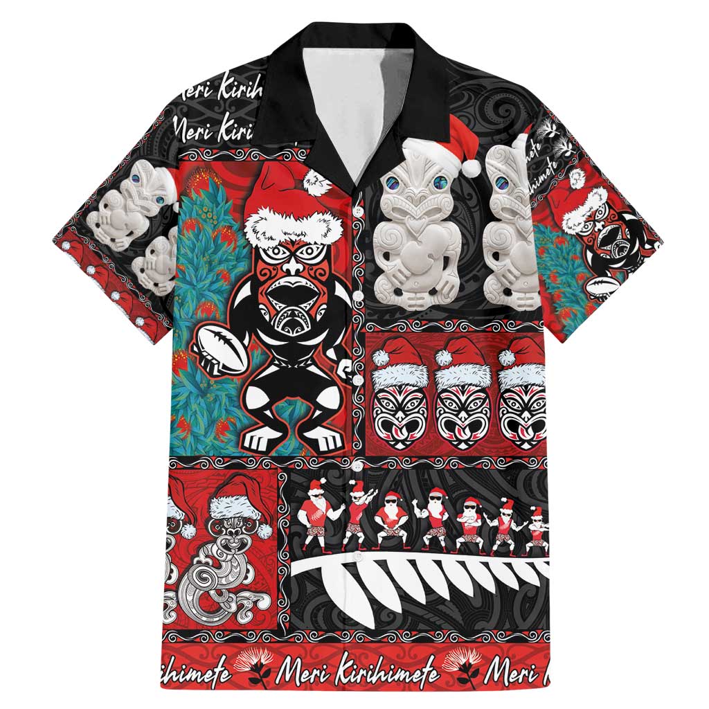 New Zealand Christmas Family Matching Mermaid Dress and Hawaiian Shirt Maori Christmas Spirit - Meri Kirihimete LT03 Dad's Shirt - Short Sleeve Black - Polynesian Pride