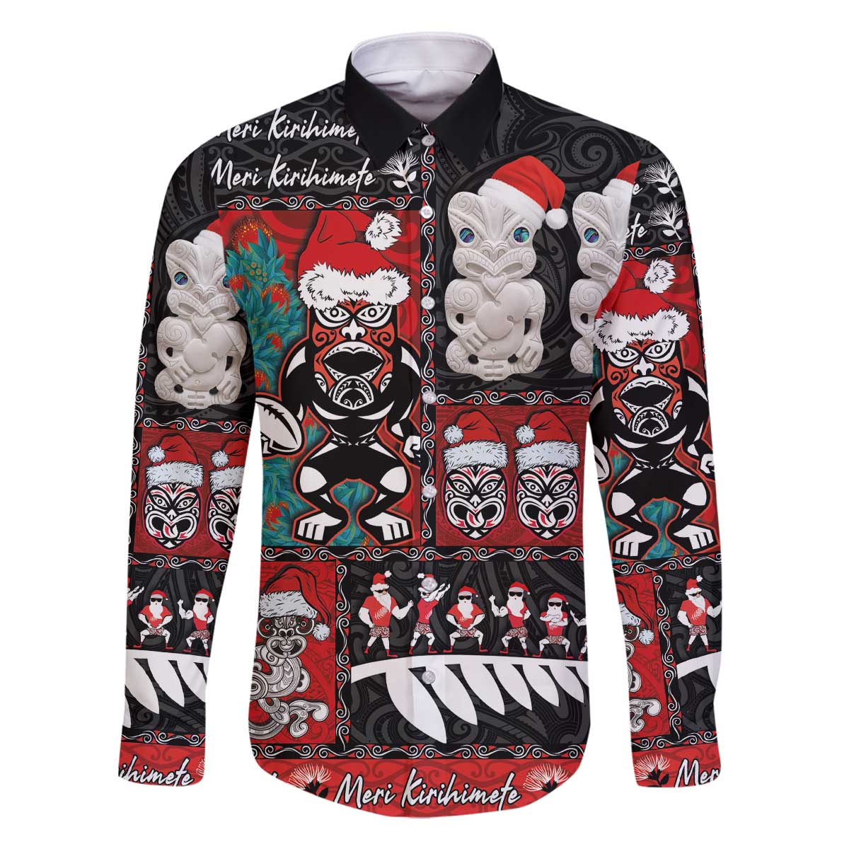 New Zealand Christmas Family Matching Off The Shoulder Long Sleeve Dress and Hawaiian Shirt Maori Christmas Spirit - Meri Kirihimete LT03 Dad's Shirt - Long Sleeve Black - Polynesian Pride