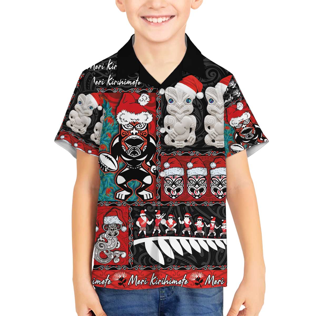 New Zealand Christmas Family Matching Off The Shoulder Long Sleeve Dress and Hawaiian Shirt Maori Christmas Spirit - Meri Kirihimete LT03 Son's Shirt Black - Polynesian Pride