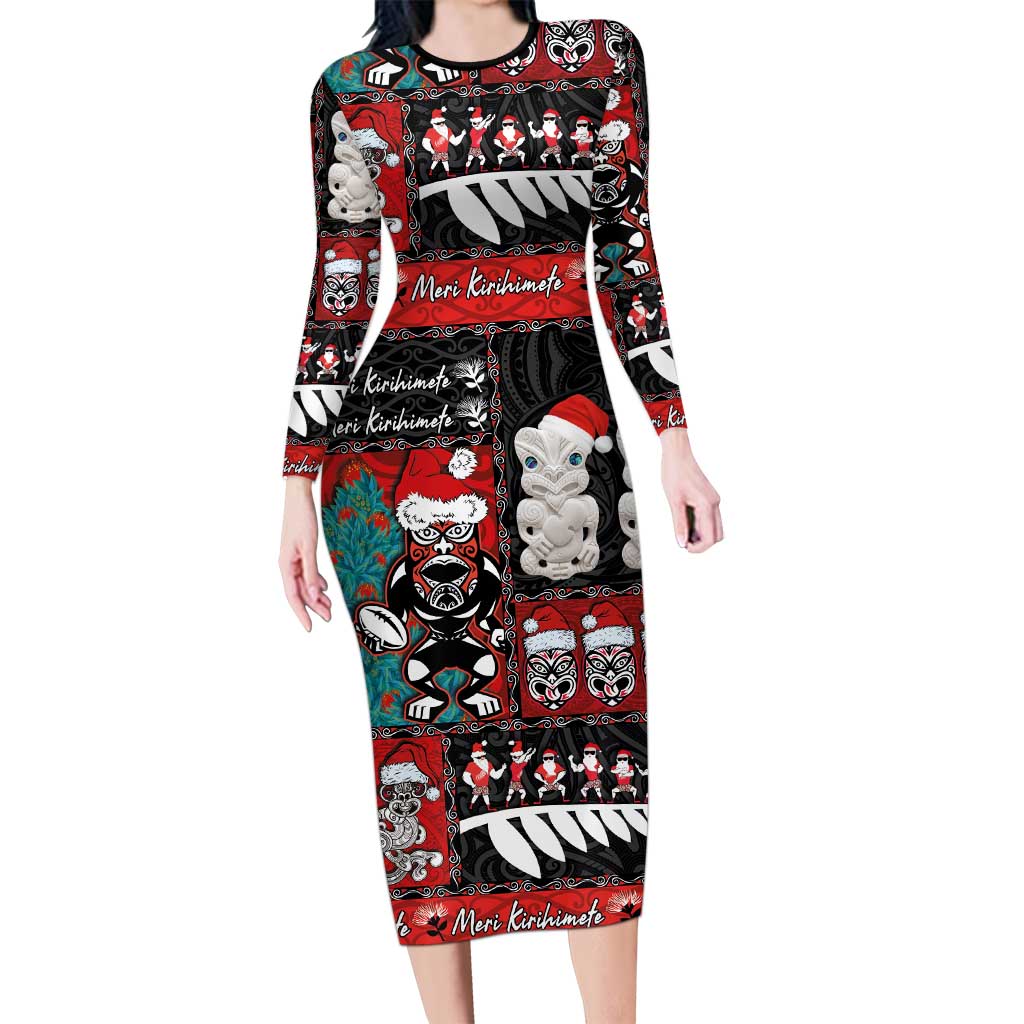 New Zealand Christmas Long Sleeve Bodycon Dress Maori Christmas Spirit - Meri Kirihimete LT03 Long Dress Black - Polynesian Pride