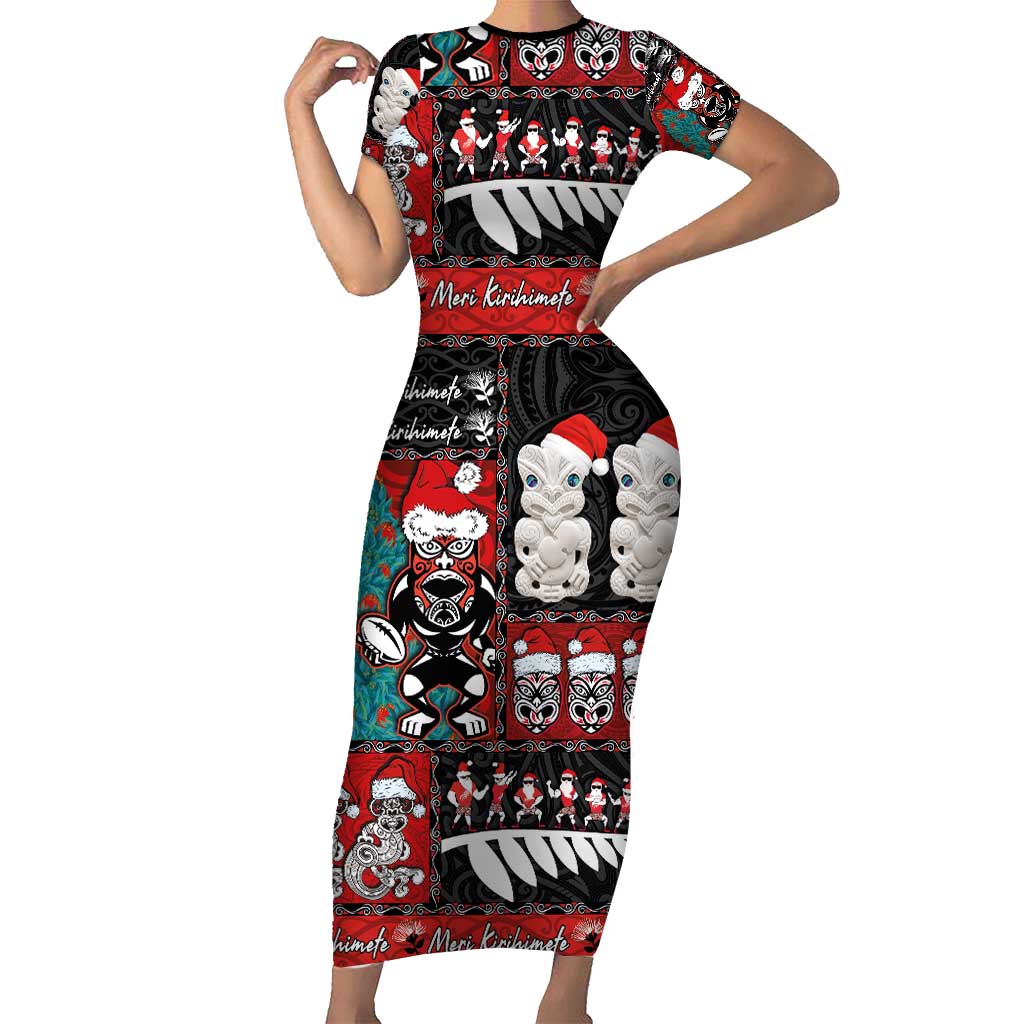 New Zealand Christmas Short Sleeve Bodycon Dress Maori Christmas Spirit - Meri Kirihimete