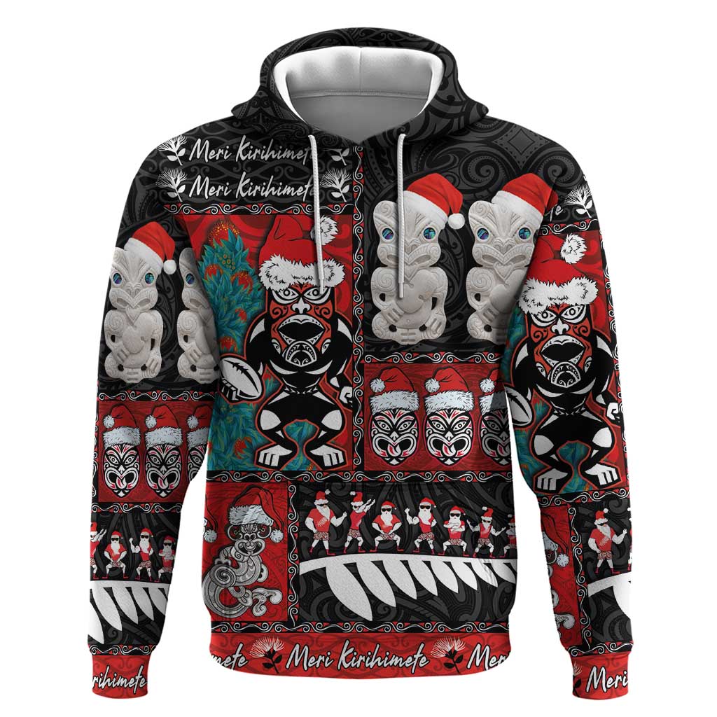 New Zealand Christmas Zip Hoodie Maori Christmas Spirit - Meri Kirihimete LT03 Pullover Hoodie Black - Polynesian Pride