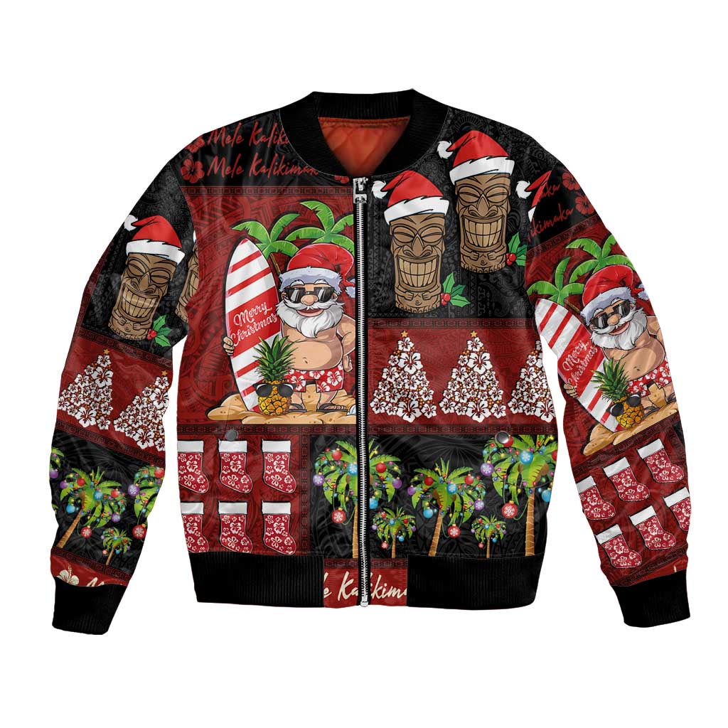 Hawaiian Christmas Bomber Jacket - Mele Kalikimaka Island Holiday Vibes - Black Red LT03 Unisex Black - Red - Polynesian Pride