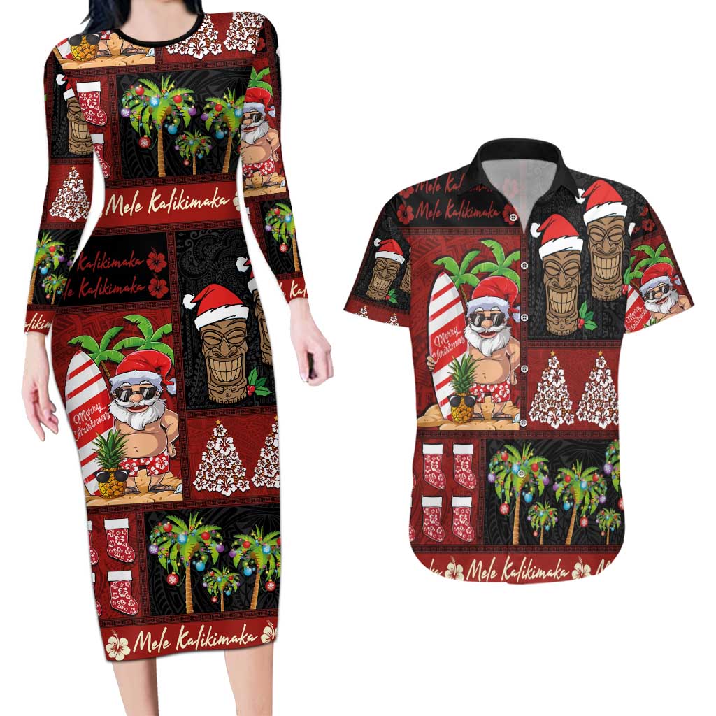 Hawaiian Christmas Couples Matching Long Sleeve Bodycon Dress and Hawaiian Shirt - Mele Kalikimaka Island Holiday Vibes - Black Red