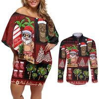 Hawaiian Christmas Couples Matching Off Shoulder Short Dress and Long Sleeve Button Shirt - Mele Kalikimaka Island Holiday Vibes - Black Red LT03 Black - Red - Polynesian Pride